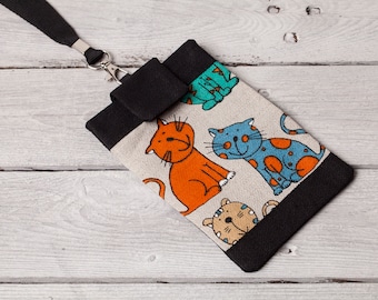 Linen mobile bag case, Fun cats design, Gift for cats lovers, Christmas gift