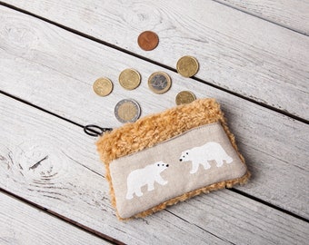 Coin purses, Etui mini bag, polar bear design, Mini purse, Card bag, Little zipper pouch, Earphone pouch, Coins bag, Small Christmas gift