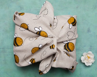 Leinen Furoshiki Tuch, Bienen Design, Geschenkideen, Wiederverwendbares Geschenk Tuch, Zero Waste Wohnen, Bento Tuch, Tischdecke