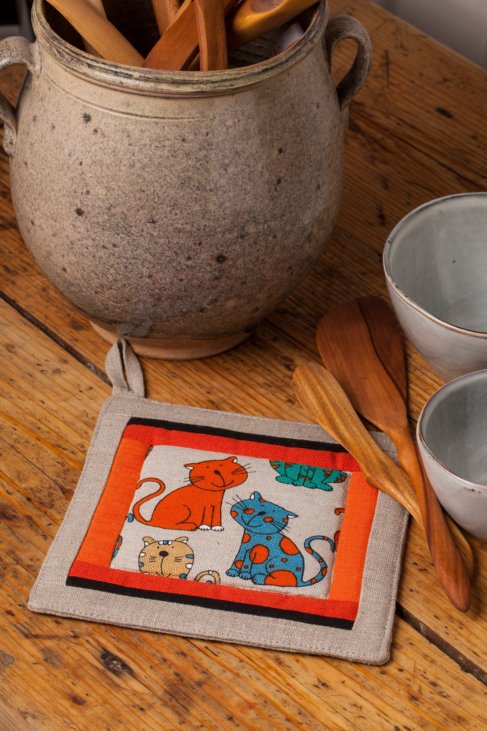 Linen patchwork potholder, Cats design, Christmas gift