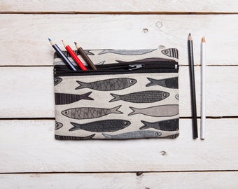 Linen zipper pouch, Sea fish (Sardines) design, Pencil case, Makeup bag, Toiletries, Cosmetic pouch, Travel bag, Gadget bag, Christmas gift,