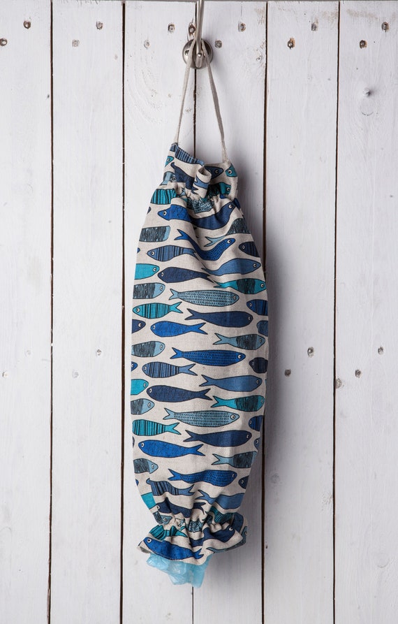 Porta sacchetto di plastica di lino con un design di pesce, Porta