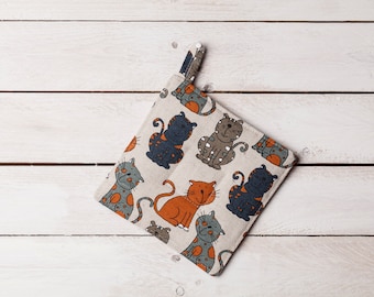 Linen pot holder, Gray cats design, Christmas gift, Gift for woman, Housewarming gift, Gift for cats lovers