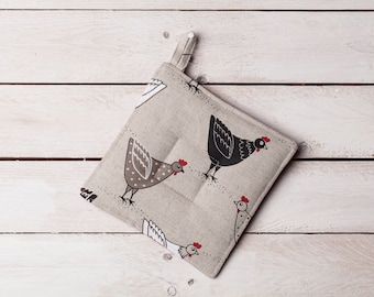 Linen potholder, Farm house kitchen,  Chicken (Hen) design, Christmas gift, Gift for woman, Hen lovers, Farm house animals, Country house