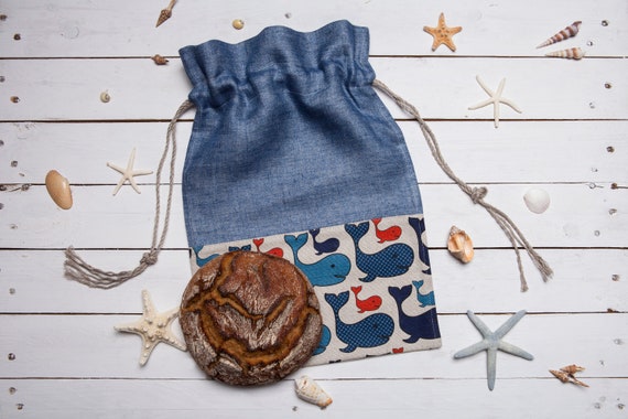 Linen Bread Bag, Whales Design, Large Eco-friendly Linen Bag for