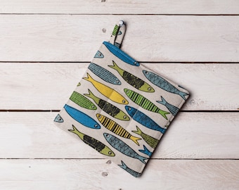 Linen potholder, Fish design, Marines, Sea, Maritime pattern, Sardines, Gift for fisherman, Ocean, Beach house kitchen, Christmas gift