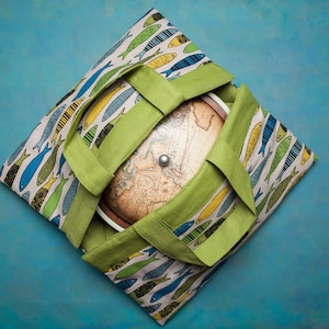 Sac a tarte, Tortenbeutel, Casserole Tragetasche, Tortenträger, Tellerträger, Leinenschalenbeutel, Fisch (Sardinen) Design