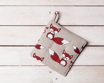 Linen pot holder, Fox design, Christmas gift, Gift for woman, Housewarming gift, Gift for fox lovers