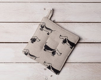 Linen potholder, Dachshund design, Christmas gift, Gift for woman, Dogs lovers, Gift for hunter