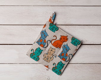 Linen pot holder, Multicoloured cats design, Christmas gift, Gift for woman, Housewarming gift, Gift for cats lovers