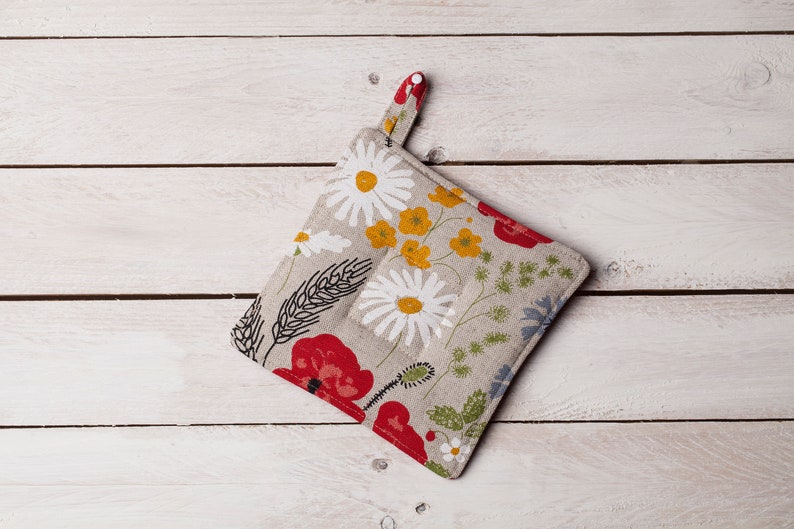 Linen potholder, Meadow flowers design, Christmas gift, Gift for woman, Housewarming gift, Spring flowers, Poppies, chamomile design image 1