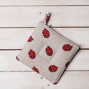 Linen potholder,  Ladybirds design, Christmas gift, Gift for woman, Ladybirds lovers, Nature lovers, Farm house kitchen
