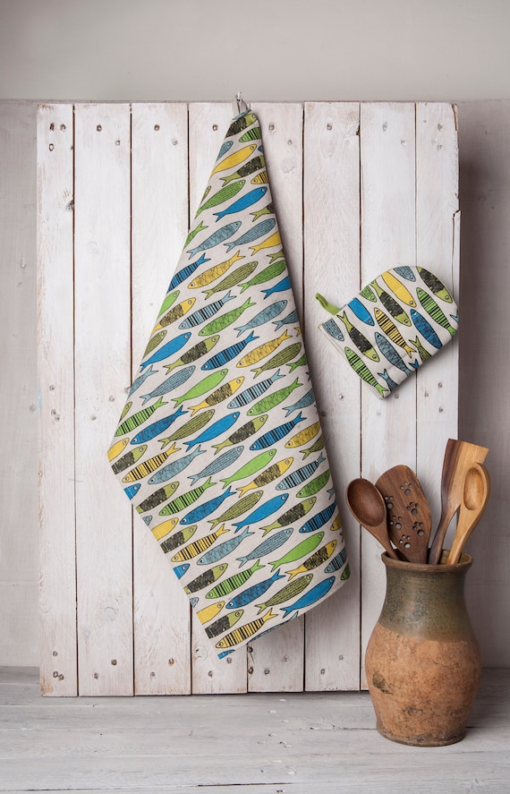 Linen/Cotton Kitchen towels, Fish tea towels, Fish lovers, Marine, Sea design, Housewarming gift for fisherman, Green fish, Sardines