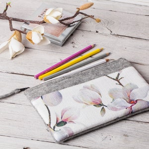 Felt zipper pouch, magnolias blossoms design, Pencil case, Makeup bag, Toiletries, Cosmetic pouch, Travel bag, Gadget bag, Christmas gift,