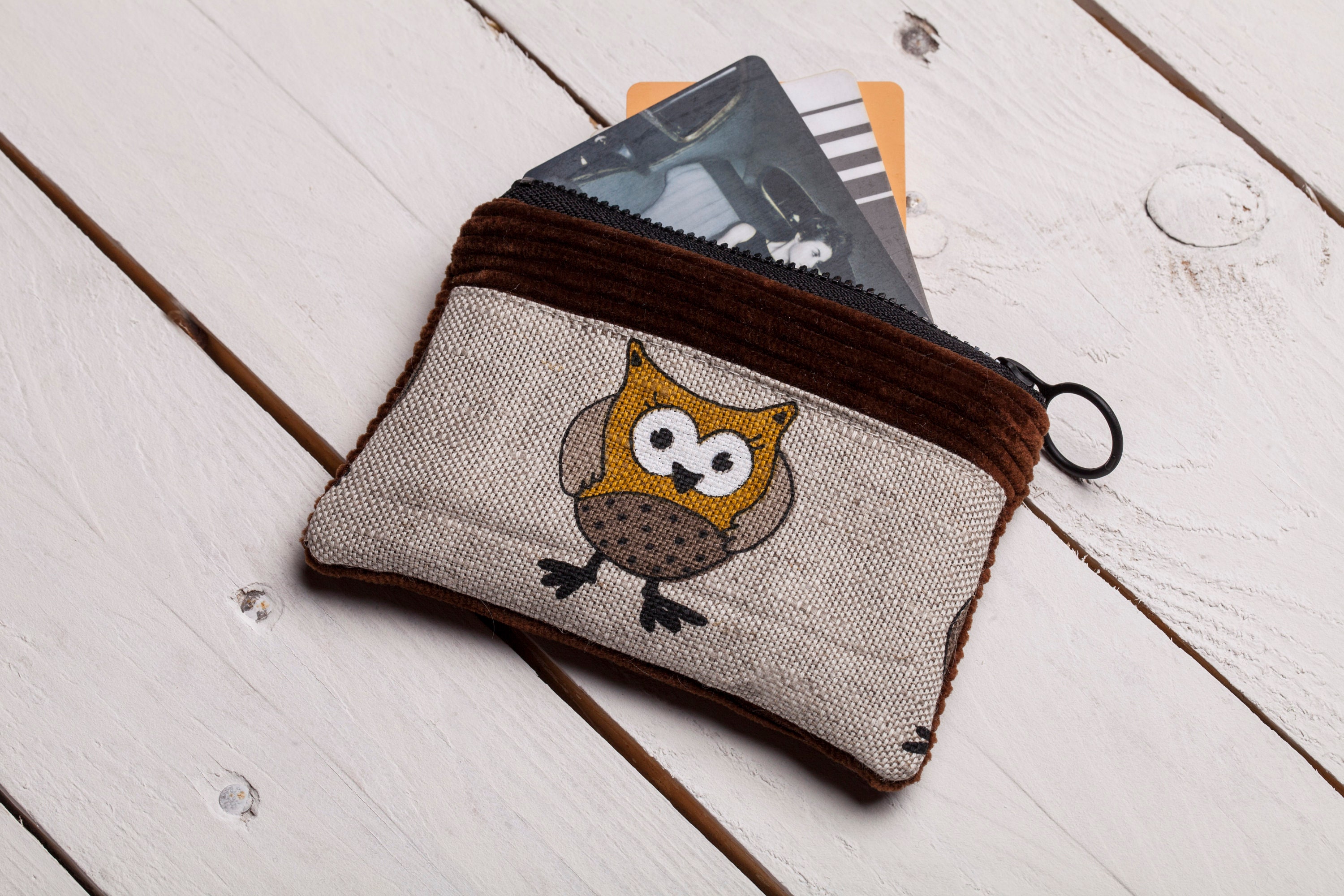 Etui mini bag, owl design, Mini purse, Card bag, Little zipper pouch, Earphone pouch, Coins bag, Sma