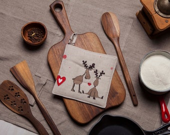 Linen potholder,  Christmas Elks and Santa Claus design, Christmas gift, Gift for woman