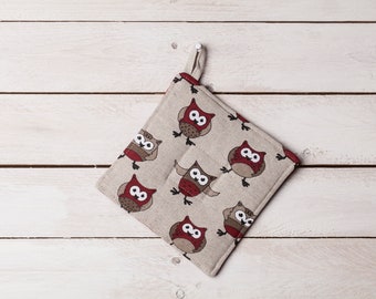 Linen pot holder, Owls design, Christmas gift, Gift for woman, Housewarming gift, Gift for owls lovers