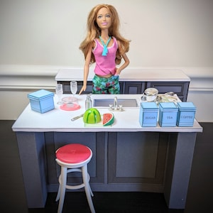 1:6 scale, mini kitchen island, dollhouse furniture, printable miniature, downloadable, modern mini, fashion doll furniture, mini cabinets