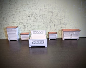 1:24 scale, miniature bedroom , dollhouse furniture, miniature bed, download, modern miniature, dollhouse kit, paper kit, half inch scale