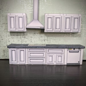 1:24 scale, mini kitchen, printable download, dollhouse furniture, paper kit, modern miniature, diorama model, half inch scale, shabby chic
