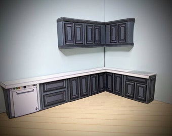 Escala 1:24, cozinha em miniatura, download para impressão, móveis para casa de bonecas, kit de papel, miniatura moderna, eletrodomésticos em miniatura, geladeira para casa de bonecas
