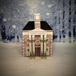 Christmas Village kit, printable houses, Christmas display, mini library, Christmas ornaments,  pdf download, Miniature Christmas decor