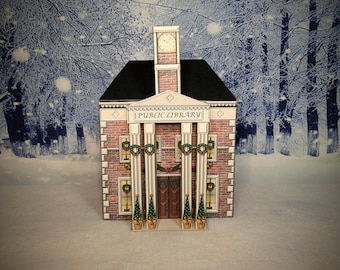 Printable Christmas Village Library Paper Kit: Miniature Christmas Decor (PDF Download)