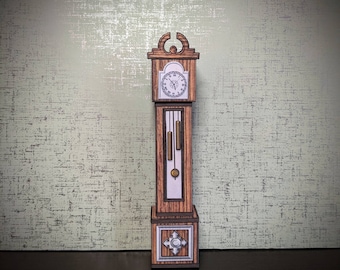 May include: A wooden grandfather clock with a white face and black Roman numeral hour markers. The clock has a brown wood base and a white pendulum.