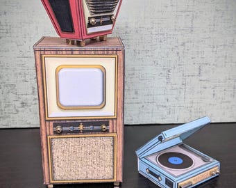 1:6 Scale Miniature Retro TV, Radio & Record Player Paper Kit (Digital Download)