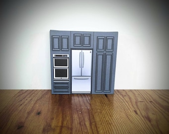 Escala 1:24, armários de cozinha, kit de casa de bonecas, kits de papel, download para impressão, miniatura moderna, modelo de diorama, escala de meia polegada, mini geladeira