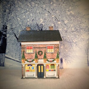 May include: A red brick toy store with a green awning and a sign that reads "Santa's Toys". The store is decorated for Christmas with wreaths, garlands, and Christmas trees. The store is set against a snowy background.