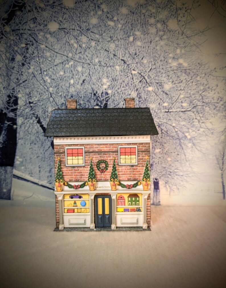 May include: A red brick toy store with a green awning and a sign that reads "Santa's Toys". The store is decorated for Christmas with wreaths, garlands, and Christmas trees. The store is set against a snowy background.