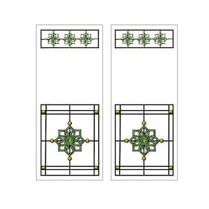 May include: Two black framed stained glass windows with green and gold geometric designs. The windows are divided into four sections with a larger central design.