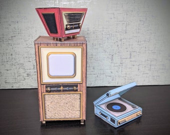 May include: A vintage-style television set with a woodgrain finish and a black and white screen. A red and black radio sits on top of the television. A blue record player with a record on the turntable is on the right side of the image.