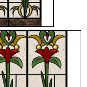 May include: A stained glass window panel with a repeating pattern of stylized green, red, and yellow flowers with gold accents.
