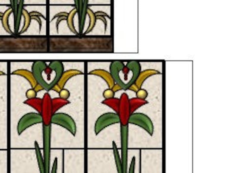 May include: A stained glass window panel with a repeating pattern of stylized green, red, and yellow flowers with gold accents.