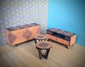 1:12 scale, dollhouse printable kit, mcm dollhouse furniture, retro miniature, download, mini coffee table, one inch scale, antique decor