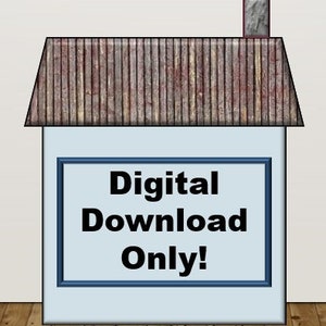 Pode incluir: Uma casa azul e branca com um telhado marrom e uma chamin&eacute;. A casa tem uma placa que diz "Download digital apenas!"