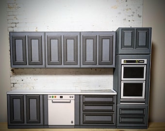 1:12 Scale Modern Dollhouse Kitchen Cabinets, Printable Paper Kit (PDF Download)