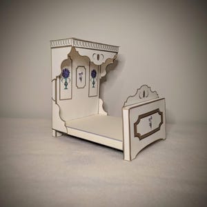 1:12 scale, mini bed, dollhouse furniture, printable crafts, downloads PDF, antique decor, dollhouse kit, paper art kit, canopy bed