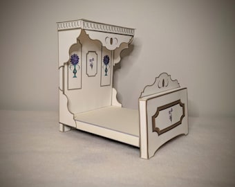 1:12 scale, mini bed, dollhouse furniture, printable crafts, downloads PDF, antique decor, dollhouse kit, paper art kit, canopy bed