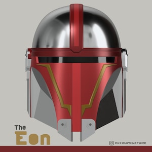 May include: A red and silver helmet with gold accents. The helmet has a visor and a textured surface. The text "The Eon" is visible at the bottom of the image.