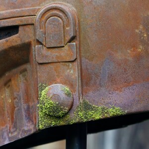 May include: Close-up of a weathered, rusty brown helmet with intricate details. Patches of green moss grow on the surface, adding texture. The helmet has a visor and a circular button detail. The overall aesthetic suggests a vintage or post-apocalyptic theme.