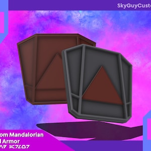 May include: Two 3D printed pieces of custom Mandalorian hand armor. The armor is made of a dark gray plastic with a red triangle design. The text "Custom Mandalorian Hand Armor" is printed below the armor.