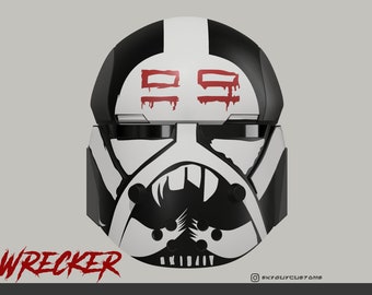 May include: A black and white helmet with a red "99" painted on the front. The helmet has a black visor and a black and white design on the side. The helmet is labeled "Wrecker" in red text.