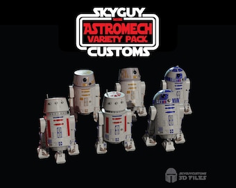 May include: Five custom-painted miniature R2-D2 astromech droids in a variety pack. The droids are white with red, blue, and gold accents. The droids are arranged in a semi-circle on a black background. The text "SKYGUY MINI ASTROMECH VARIETY PACK CUSTOMS" is displayed above the droids.