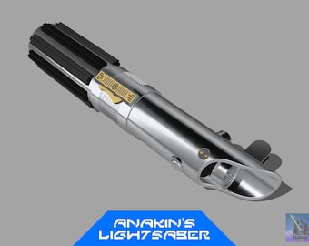 May include: A silver lightsaber with a black handle and gold accents. The lightsaber has a black and silver emitter and a silver blade. The lightsaber is a popular prop from the Star Wars franchise.