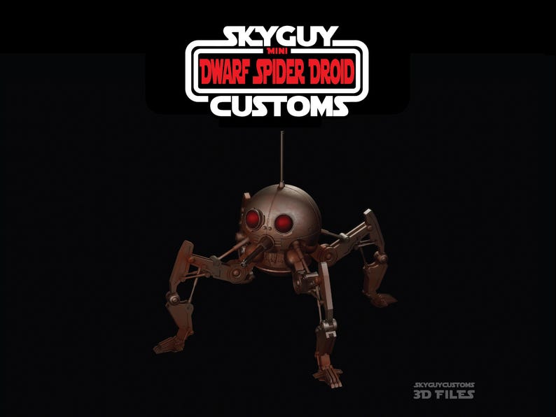 Hero shot of DSD1 Dwarf Spider Droid beneath SkyGuyCustoms title card.