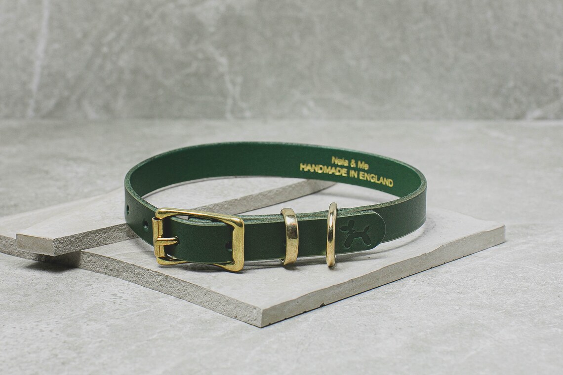 Olive Green Leather Dog Collar. Personalised dog collar. Etsy