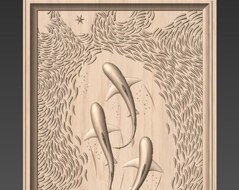 Drei schwimmende Haie und eine Sardinenschule - CNC-Datei für das Schnitzen, 3D-STLs